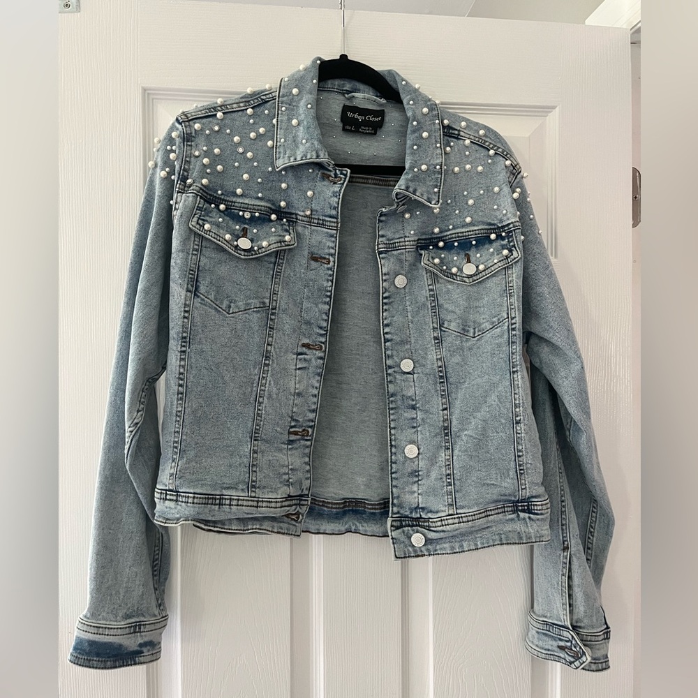 Light Blue Pearl Studded Jean Jacket